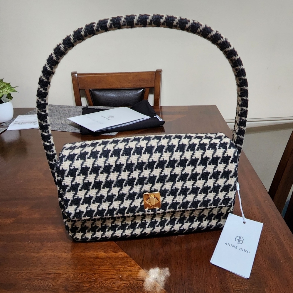 Anine Bing Black and Cream Houndstooth Shoulder Bag